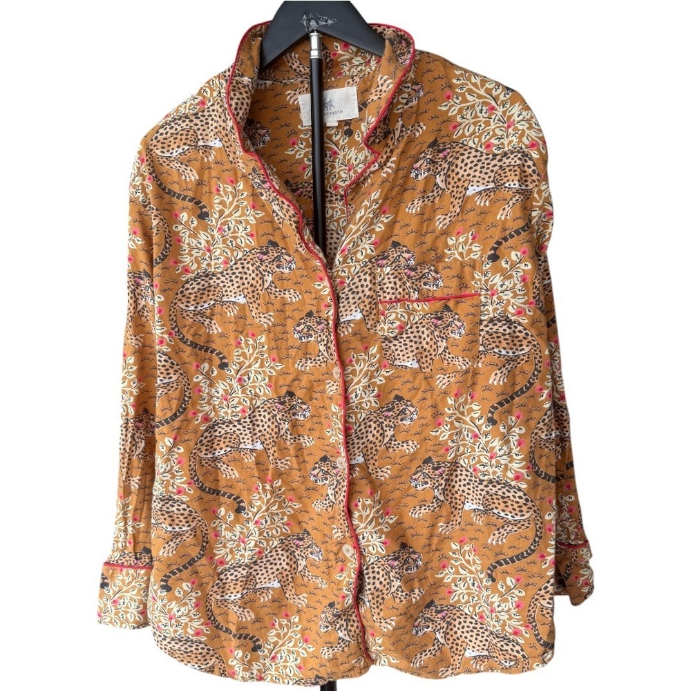 Printfresh Leopard Pajama Set Womens L Organic Cotton Button Up Safari Lounge